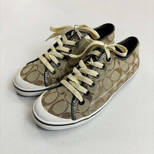 COACH Kira A1538 Signature C Logo Sneakers SZ 8B Classic Jacquard Tan Brown EUC